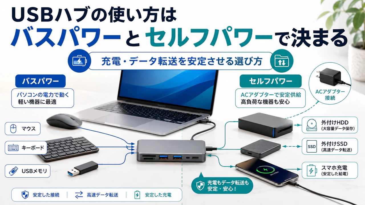 USBハブの使い方はバスパワーとセルフパワーで決まる