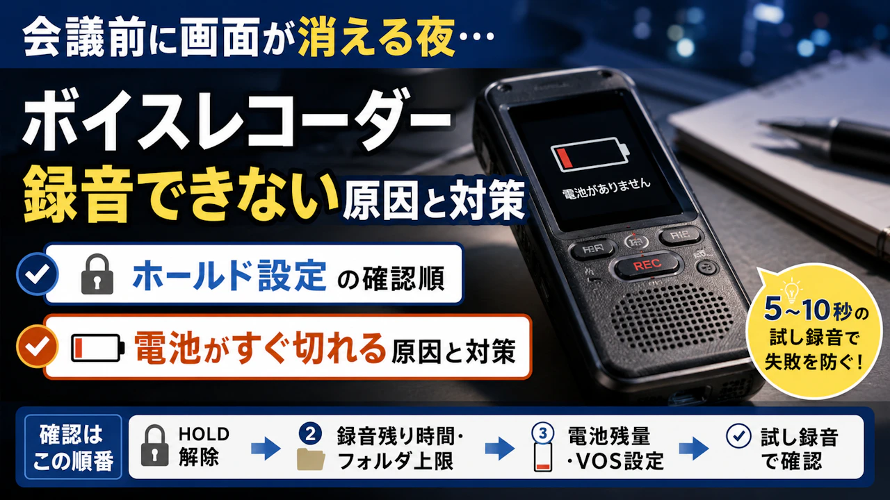 ボイスレコーダー 電池すぐ切れる会議前に画面が消える夜