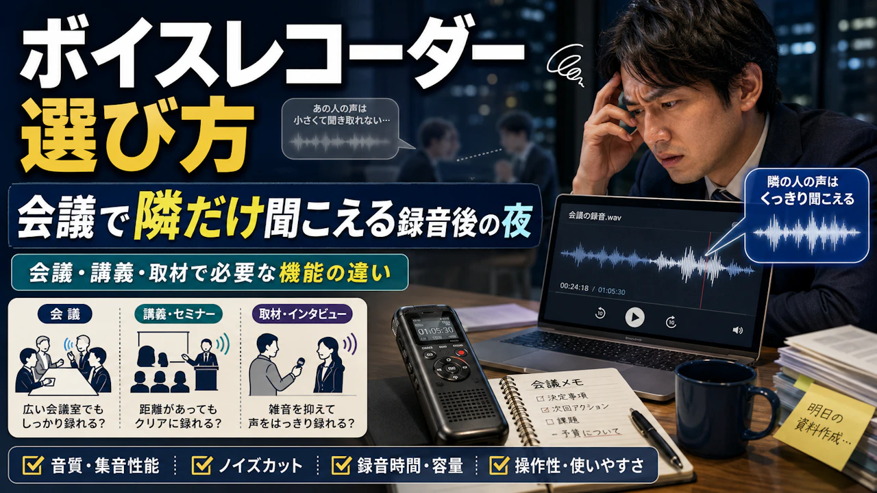 ボイスレコーダー 選び方会議で隣だけ聞こえる録音後の夜