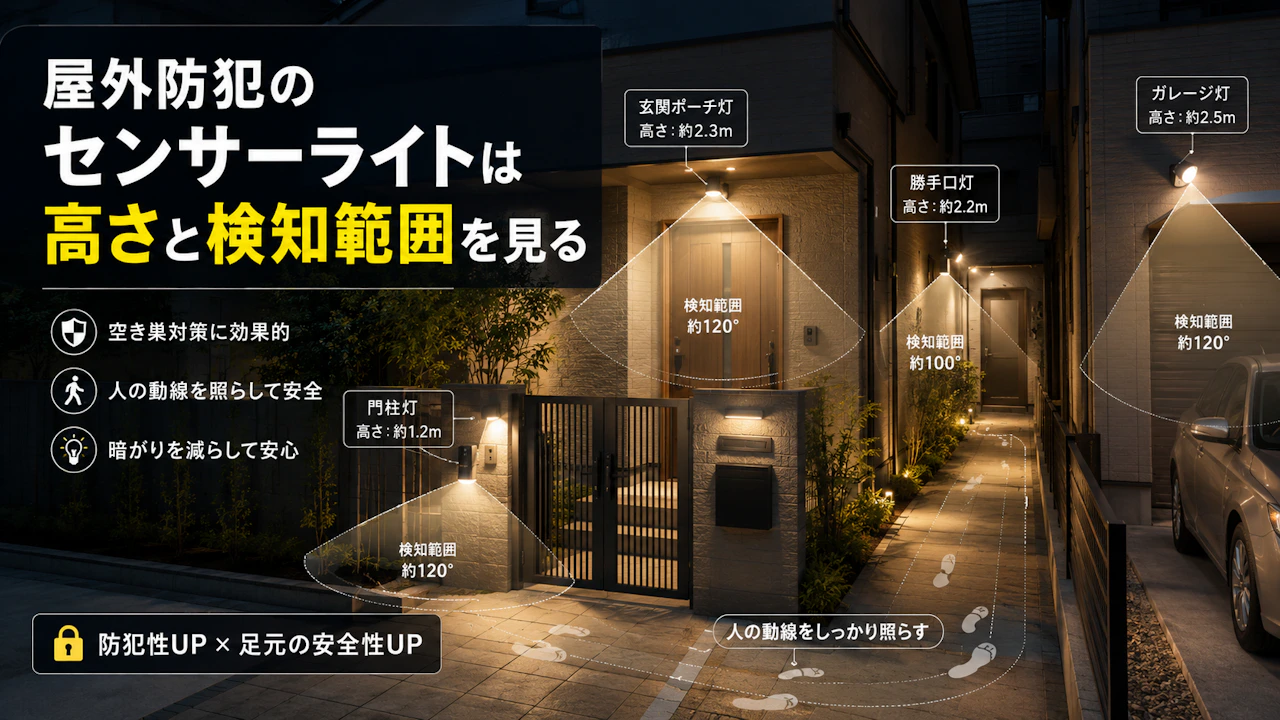 屋外防犯のセンサーライトは高さと検知範囲を見る
