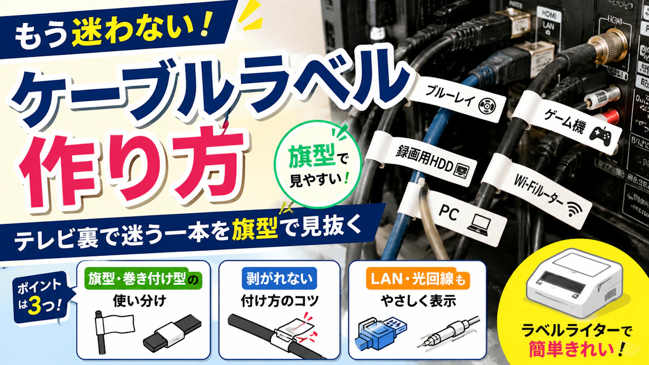 ケーブル ラベル 作り方テレビ裏で迷う一本を旗型で見抜く