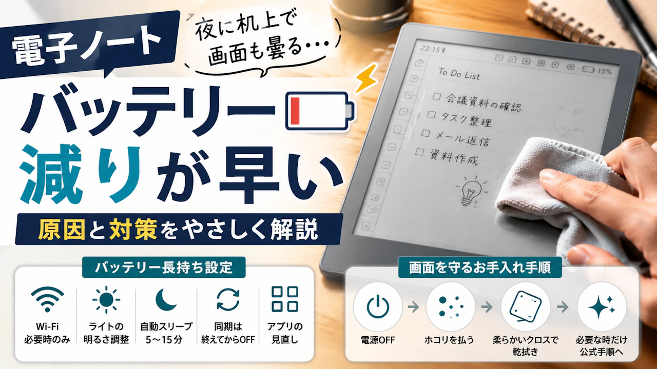 電子ノート バッテリー 減りが早い夜に机上で画面も曇る