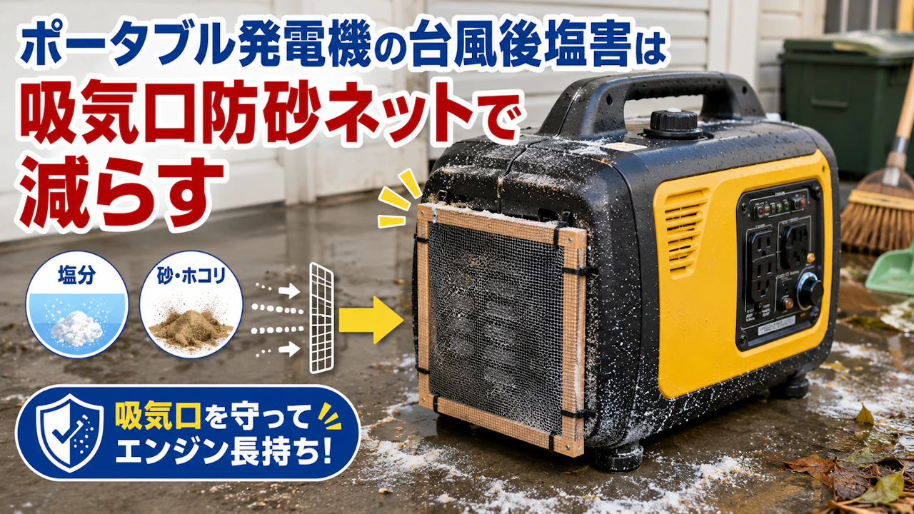 ポータブル発電機の台風後塩害は吸気口防砂ネットで減らす