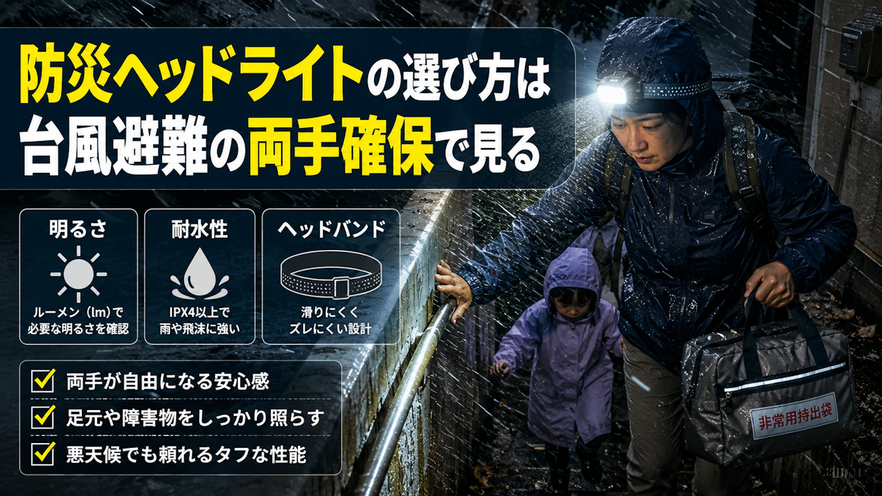防災ヘッドライトの選び方は台風避難の両手確保で見る