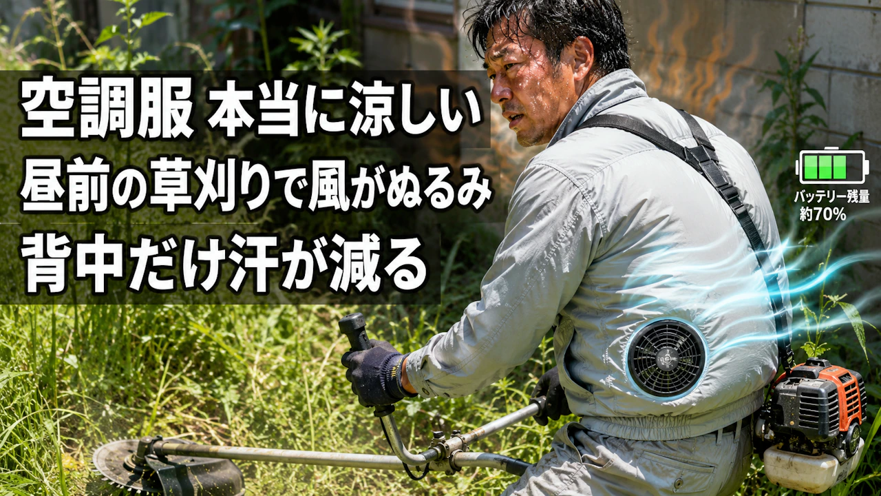 空調服 本当に涼しい昼前の草刈りで風がぬるみ背中だけ汗が減る