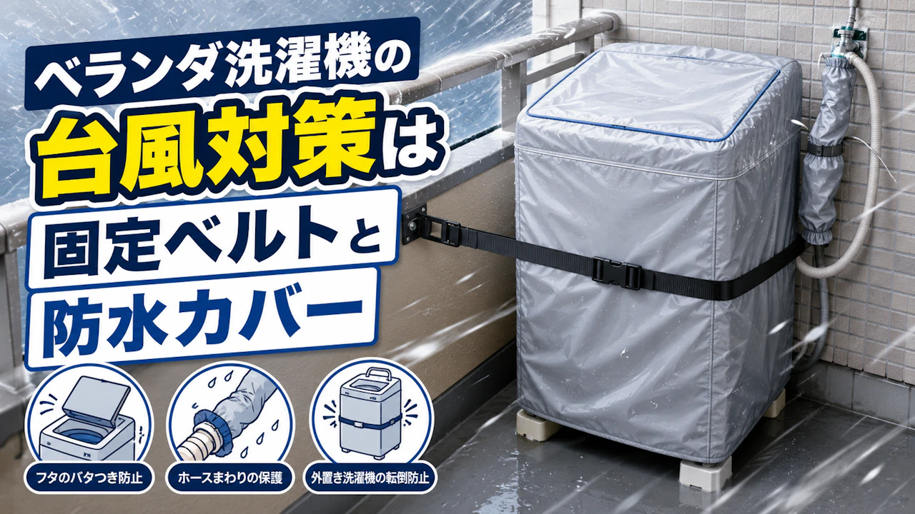 ベランダ洗濯機の台風対策は固定ベルトと防水カバー