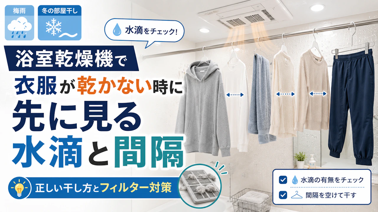 浴室乾燥機で衣服が乾かない時に先に見る水滴と間隔