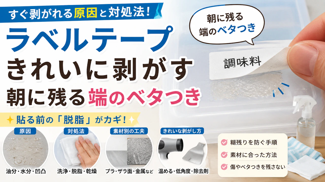 ラベル テープ きれいに剥がす朝に残る端のベタつき