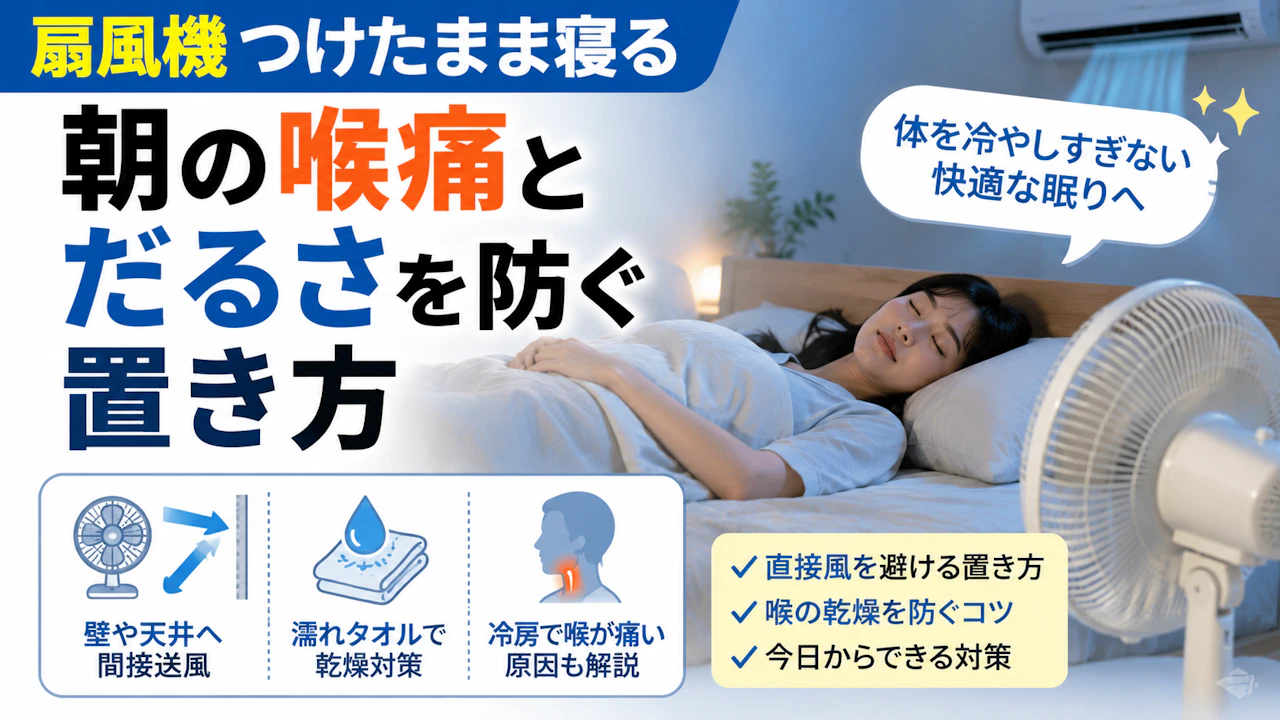 扇風機 つけたまま寝る朝の喉痛とだるさを防ぐ置き方