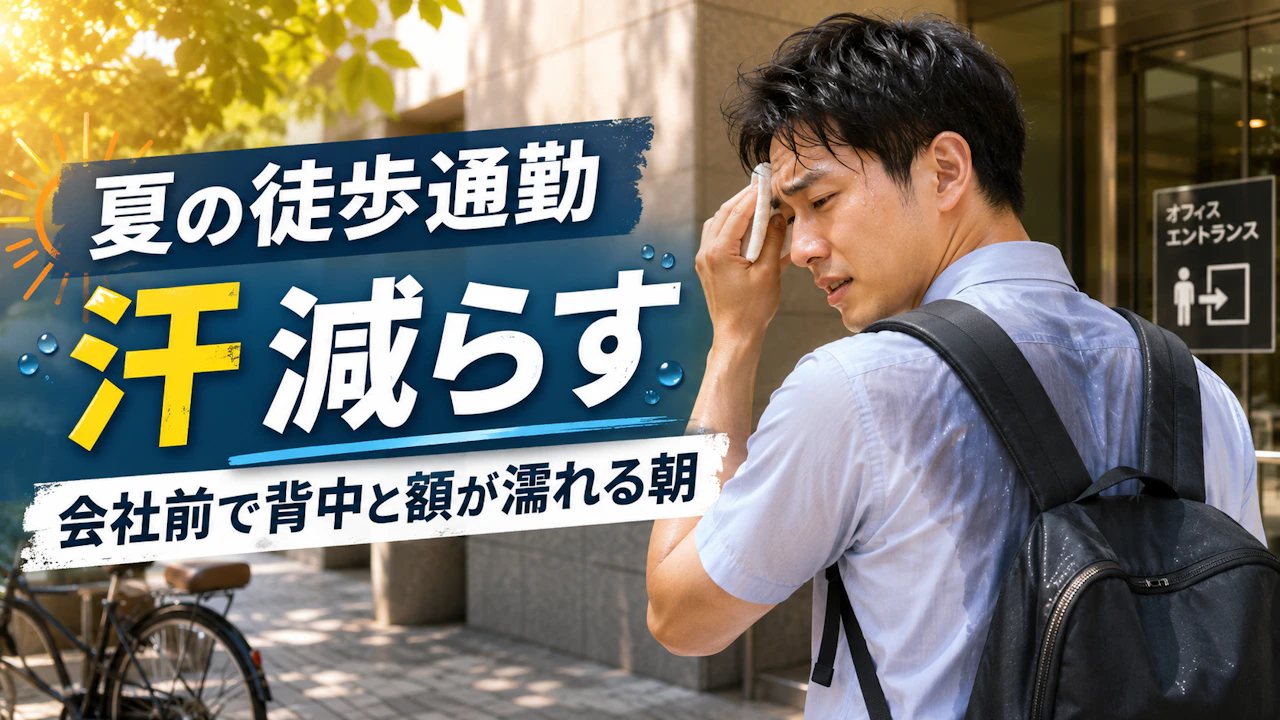 夏の徒歩通勤 汗 減らす会社前で背中と額が濡れる朝