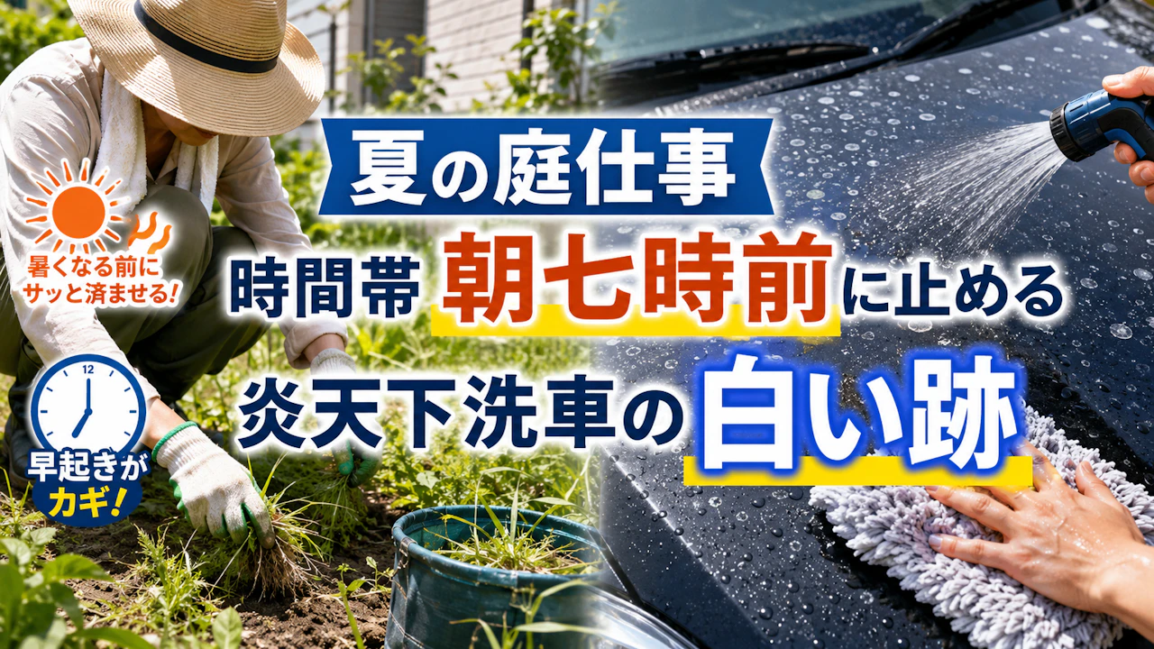 夏の庭仕事 時間帯朝七時前に止める炎天下洗車の白い跡