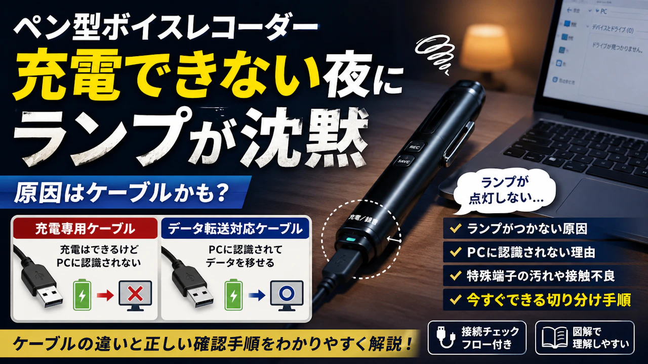 ペン型ボイスレコーダー充電できない夜にランプが沈黙