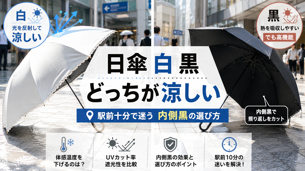 日傘 白 黒 どっちが涼しい駅前十分で迷う内側黒の選び方