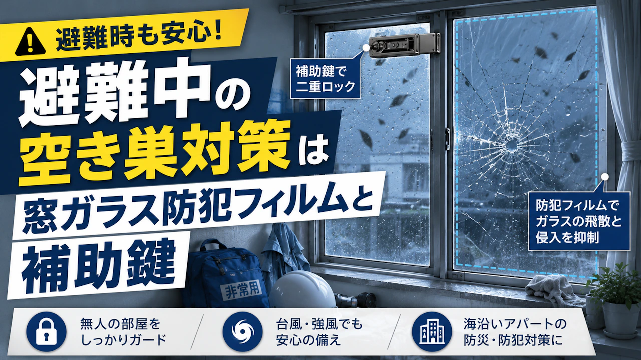 避難中の空き巣対策は窓ガラス防犯フィルムと補助鍵