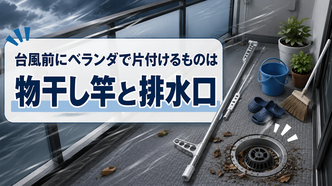 台風前にベランダで片付けるものは物干し竿と排水口