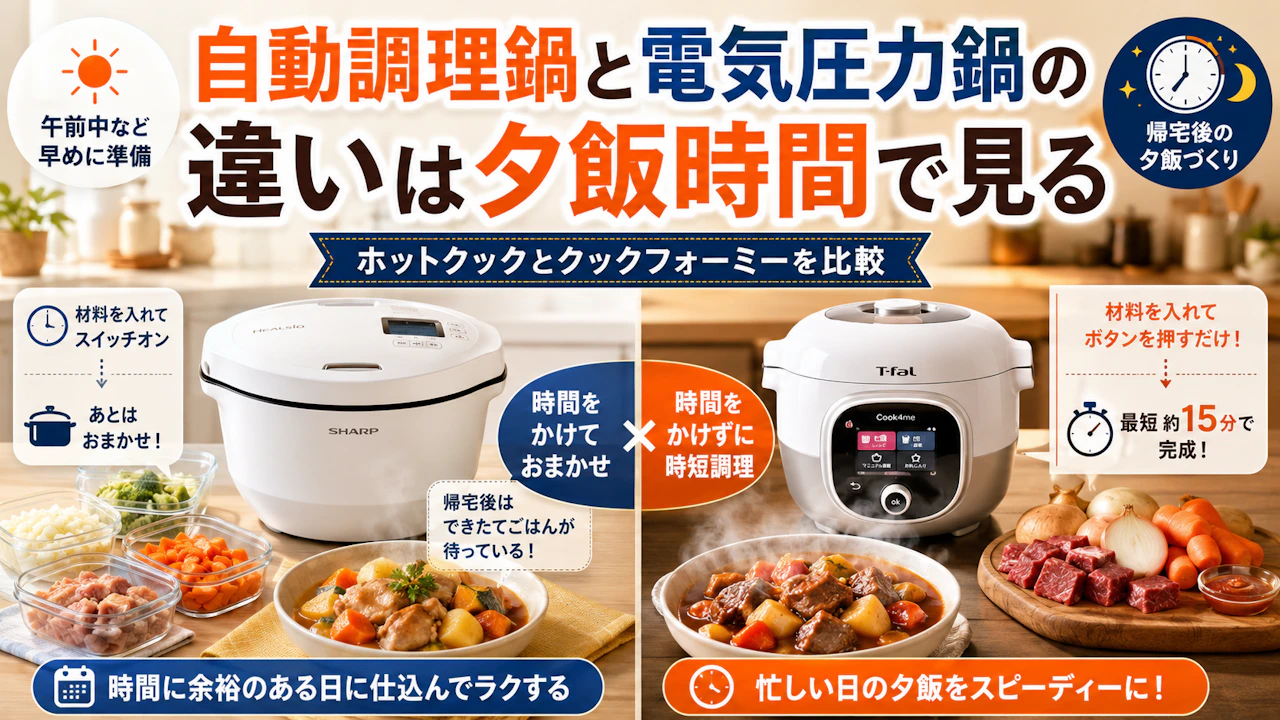 自動調理鍋と電気圧力鍋の違いは夕飯時間で見る