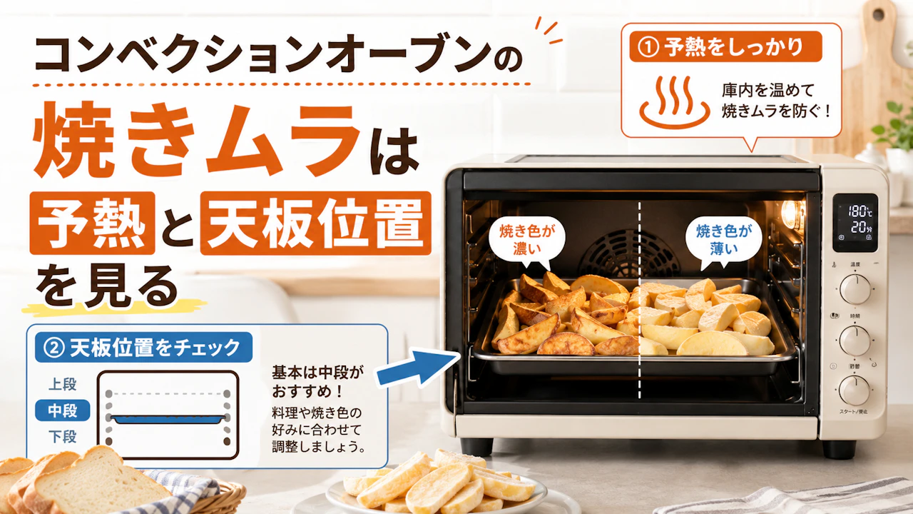 コンベクションオーブンの焼きムラは予熱と天板位置を見る