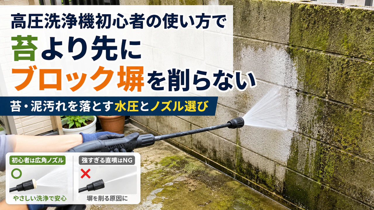 高圧洗浄機初心者の使い方で苔より先にブロック塀を削らない
