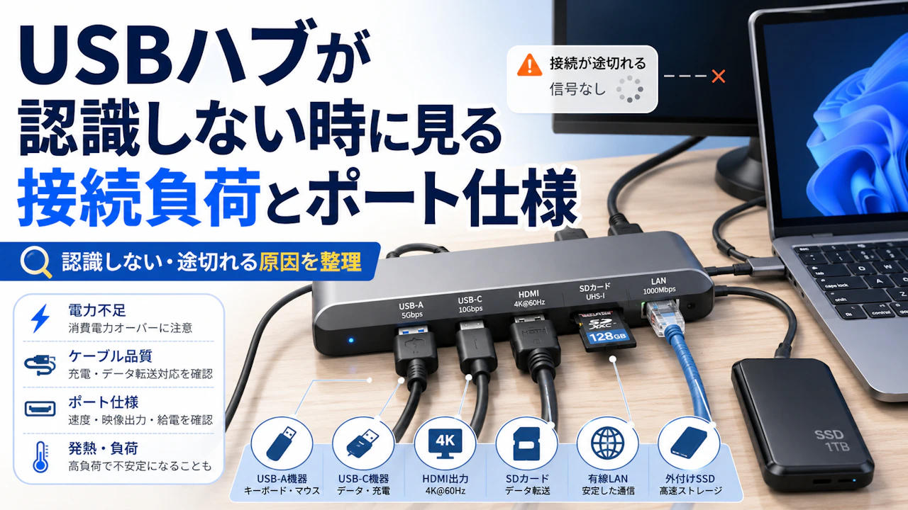 USBハブが認識しない時に見る接続負荷とポート仕様
