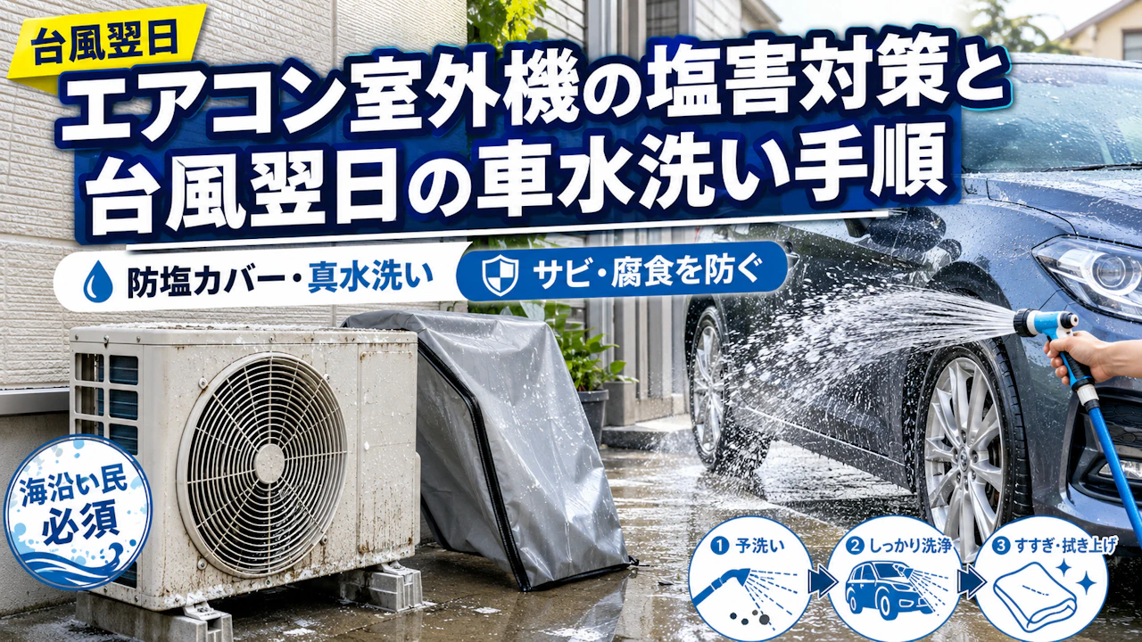 エアコン室外機の塩害対策と台風翌日の車水洗い手順