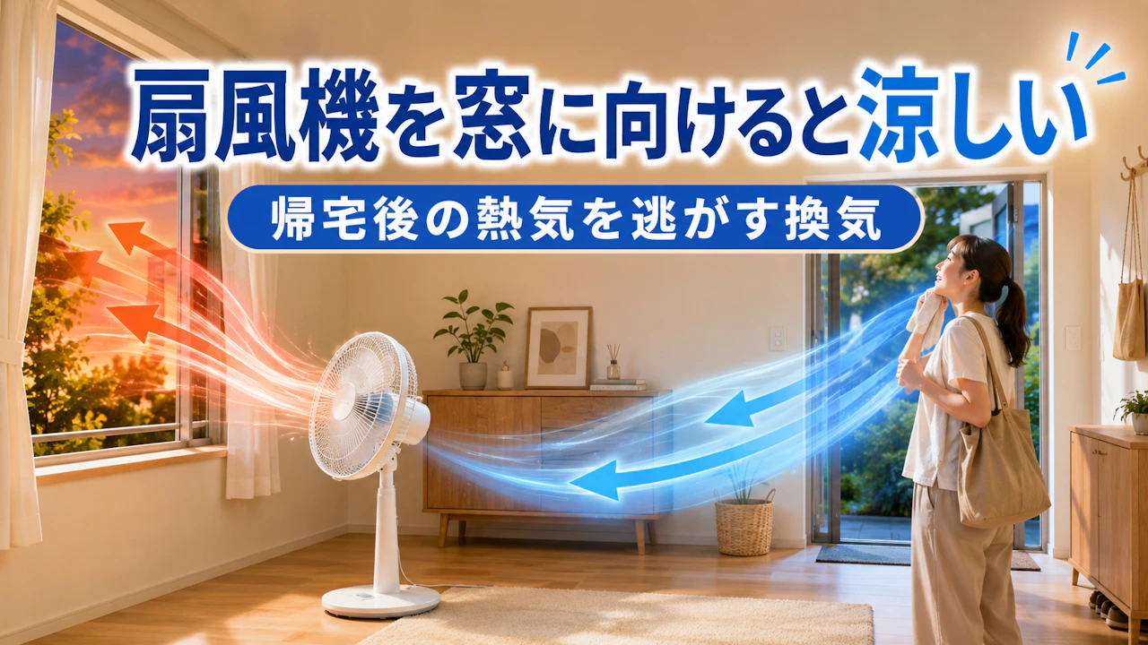 扇風機を窓に向けると涼しい帰宅後の熱気を逃がす換気
