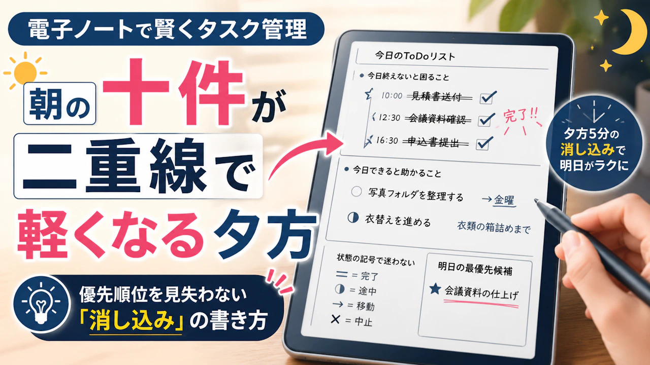 電子ノート タスク管理朝の十件が二重線で軽くなる夕方