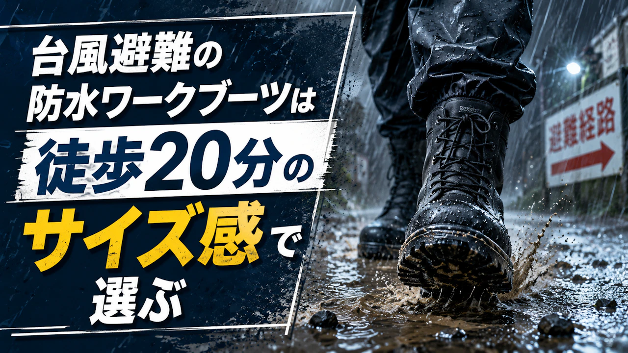 台風避難の防水ワークブーツは徒歩20分のサイズ感で選ぶ