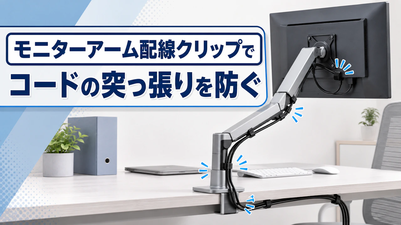 モニターアーム配線クリップでコードの突っ張りを防ぐ
