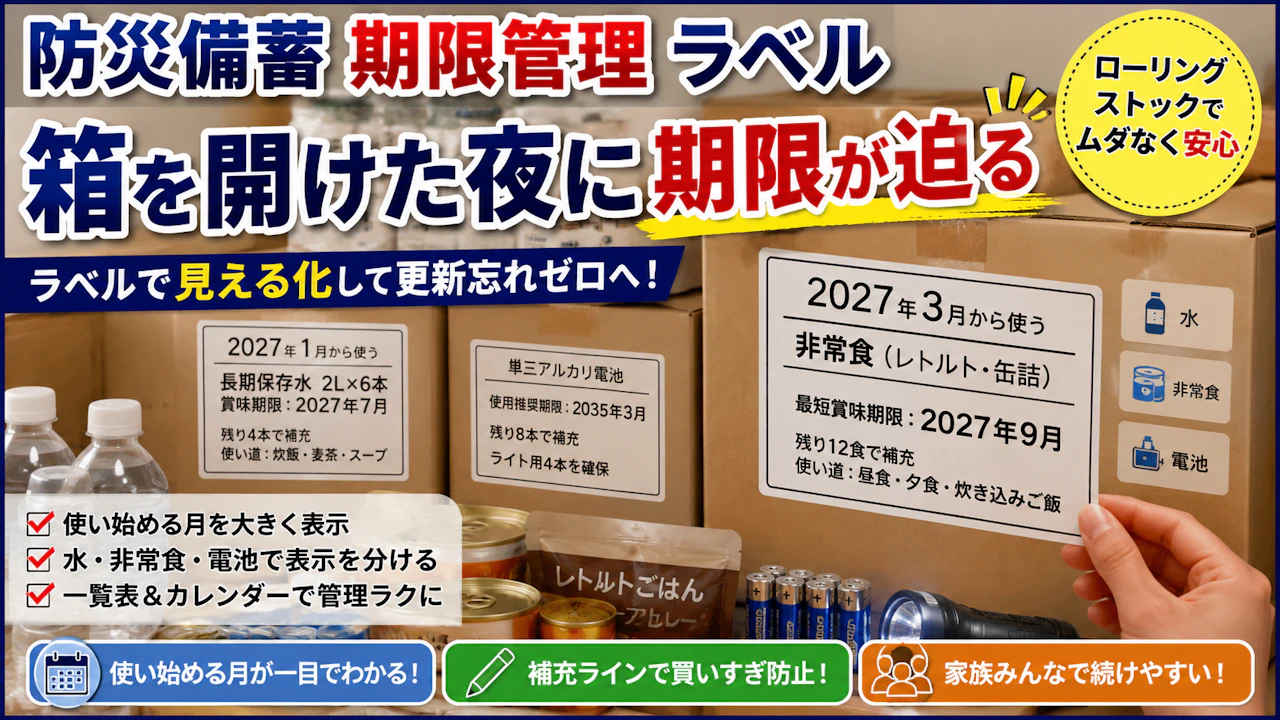 防災備蓄 期限管理 ラベル箱を開けた夜に期限が迫る