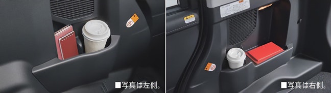 ルーミーのトレイ式デッキサイドトリムポケット（ボトルホルダー付）＋デッキサイドランプ ［デッキサイドランプはカスタム G-T、カスタム G は左右に、その他のグレードは左側に標準装備］