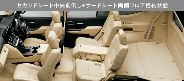 新型ランドクルーザー(300系)ZXのセカンドシート中央前倒し+サードシート両側フロア格納状態