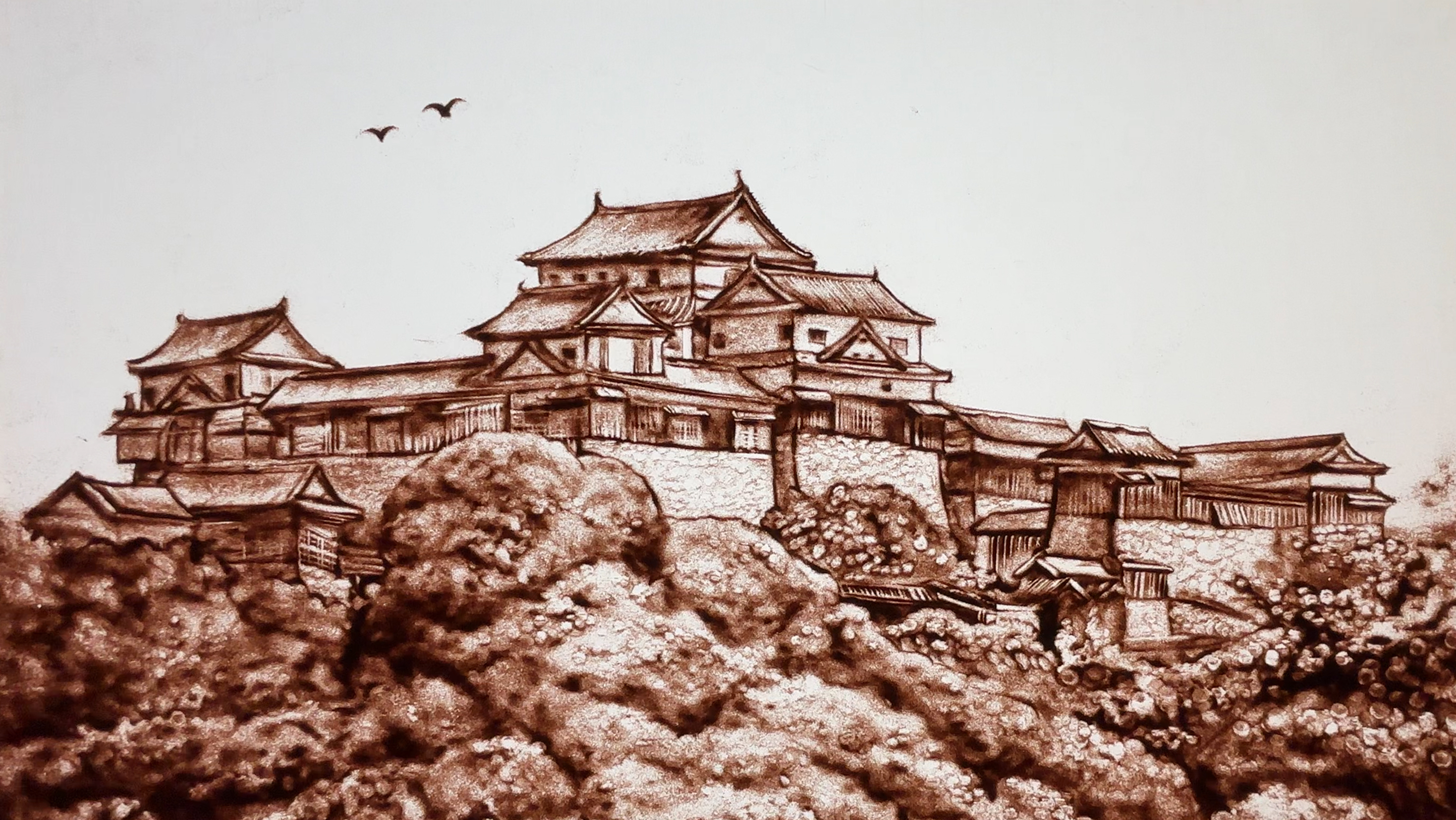 k0041339 松,お城彫刻☆伝統工芸☆壁掛け☆約32.8㎝×1m53.5㎝×厚2.8cm