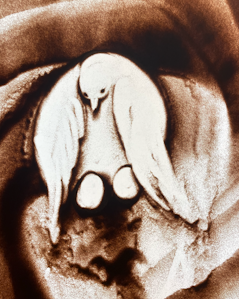 演出考案で描いたラフなサンドアート。地球が母鳥に→飛び立つ雛🐣へ変化。