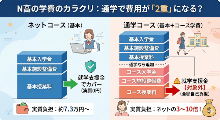 N高の学費の仕組みを解説するインフォグラフィック。ネットコースと通学コースの費用の違いと、就学支援金の適用範囲を比較。