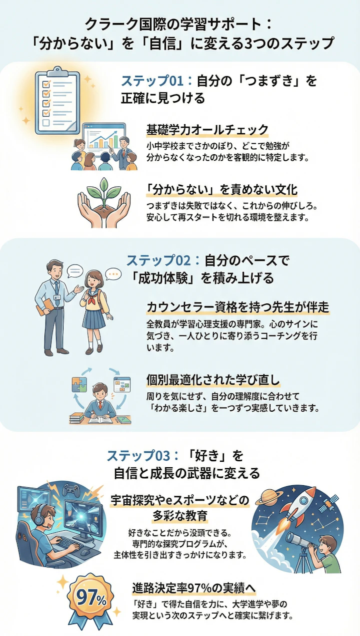 クラーク記念国際高等学校の学習サポート：基礎学力チェックから好きなことで自信を育むまでの3ステップ図解