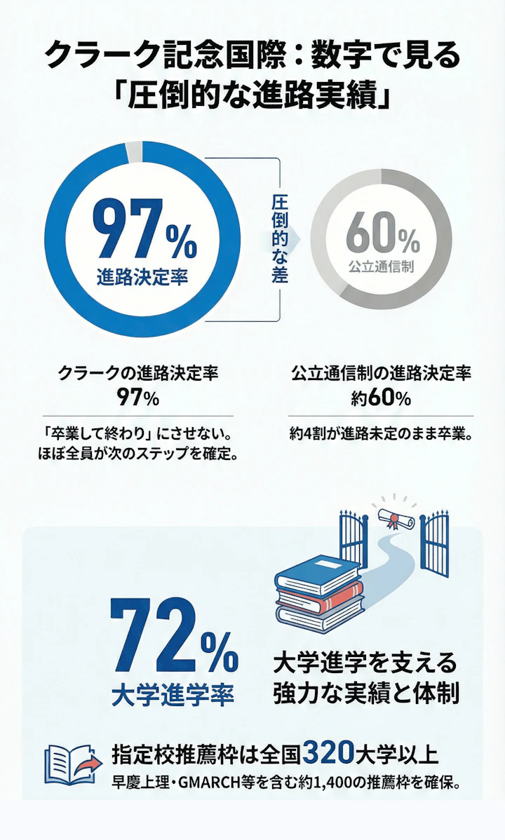 クラーク記念国際高等学校の進路決定率と大学進学率の実績データ比較グラフ