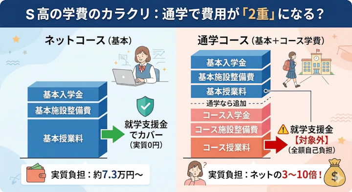 S高等学校 学費の仕組み — ネットコースと通学コースの実質負担額の違い