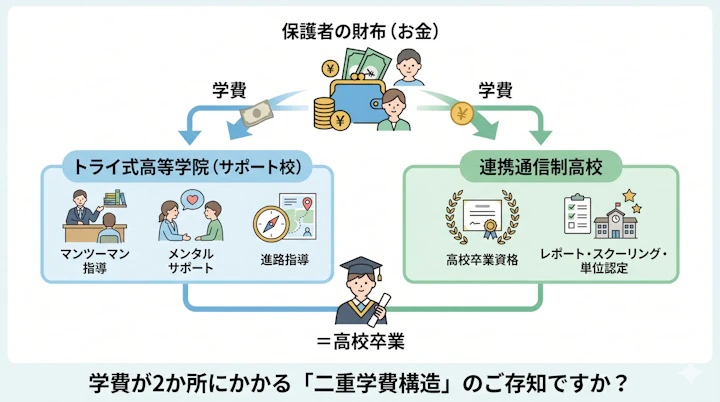 トライ式高等学院の二重学費構造の図解。サポート校と連携通信制高校に学費が二重にかかる仕組み