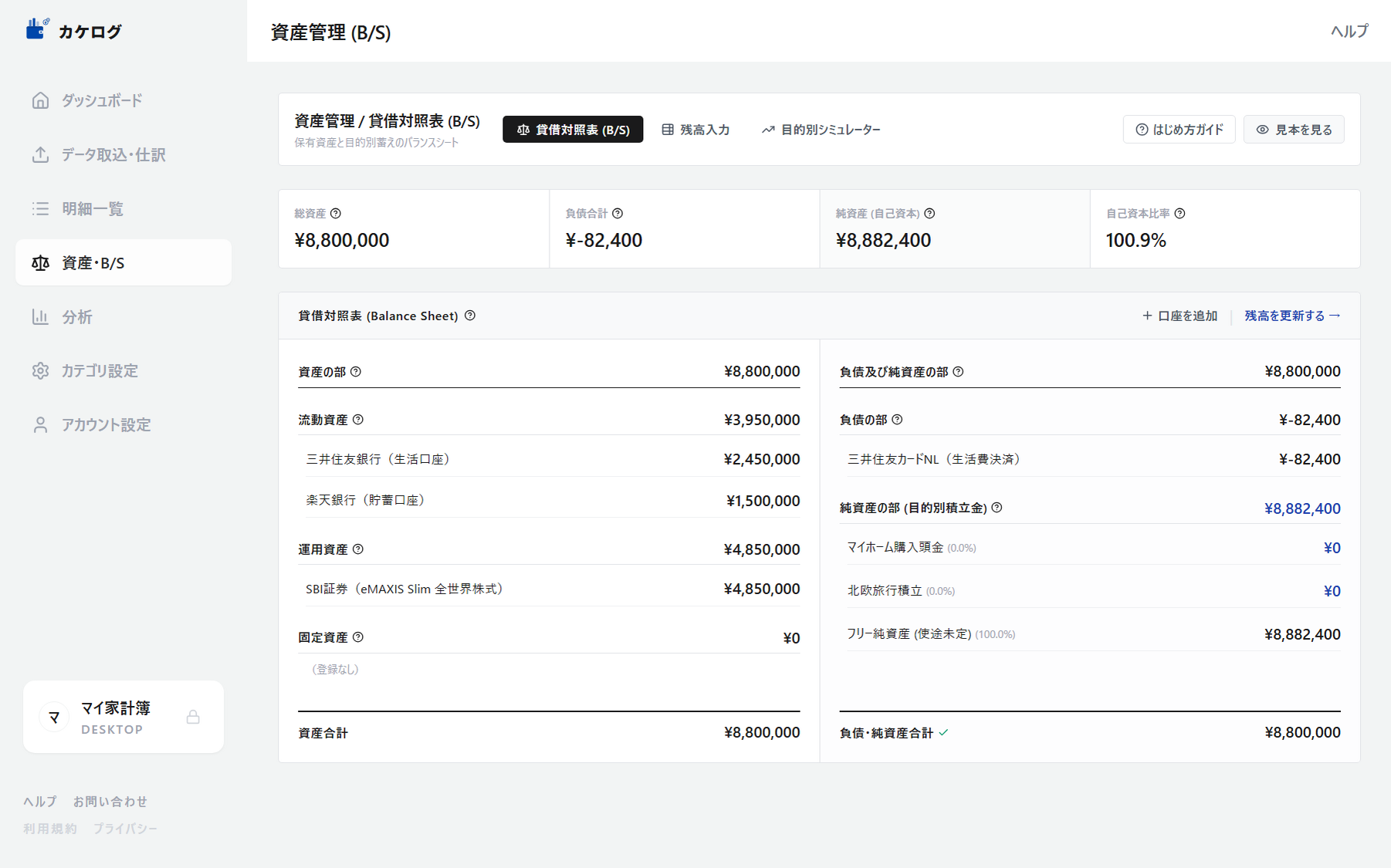 貸借対照表（BS）と純資産推移画面