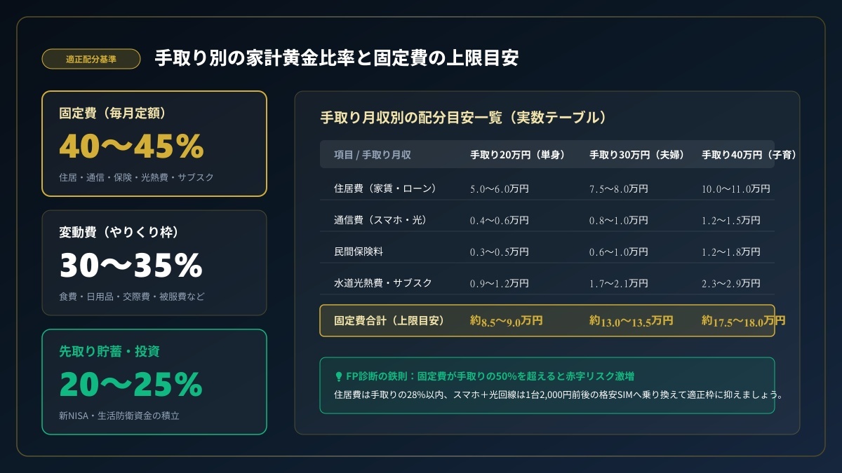 手取り別の理想的な家計配分割合図解：固定費40〜45%・変動費30〜35%・貯蓄投資20〜25%の黄金比率と手取り20万/30万/40万円の固定費上限目安テーブル