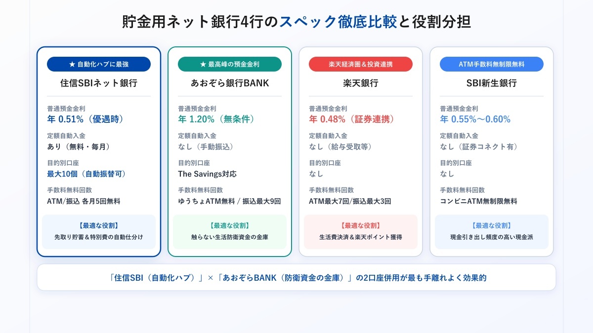 貯金用ネット銀行4行のスペック徹底比較と役割分担