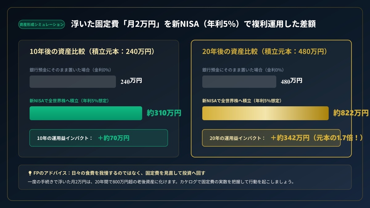 固定費削減シミュレーション：月2万円の削減資金を新NISA（年利5%）で複利運用した場合の10年後（約310万円）と20年後（約822万円）の純資産比較チャート