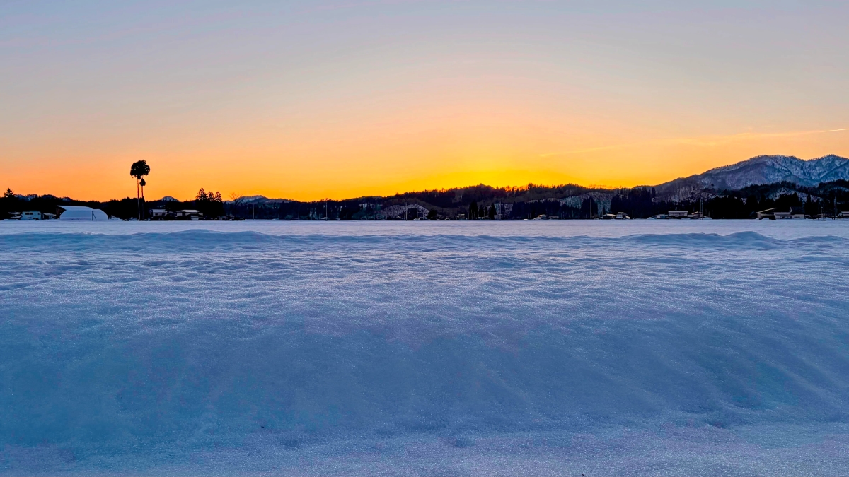 雪をかぶった田んぼと夜明け、西木町の冬の静けさ