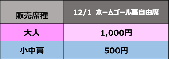 12/1(日)ホームゴール裏開放決定!!1,000円ぽっきりチケット販売の