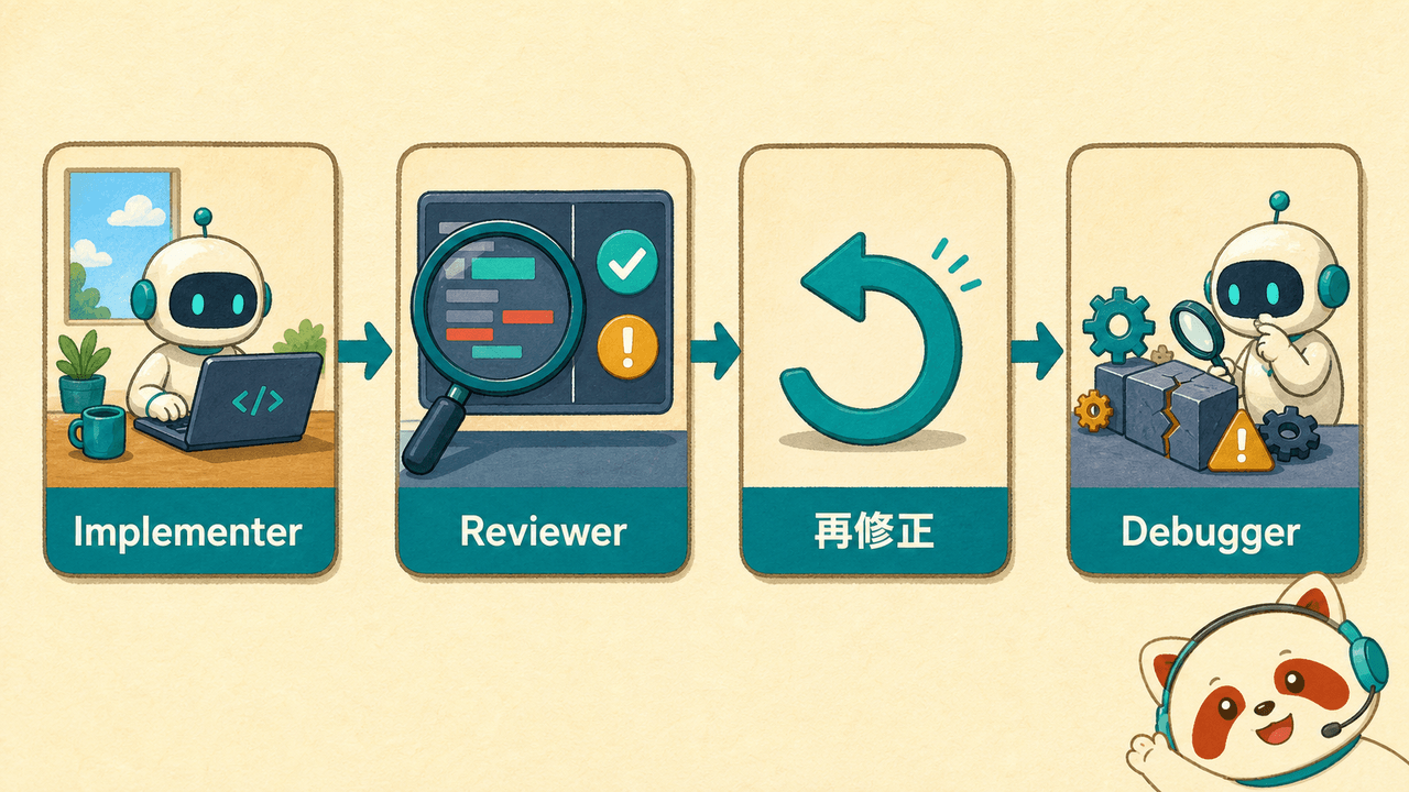 kiro-implが1タスクを処理する流れ(Implementer→Reviewer→再修正→Debugger)