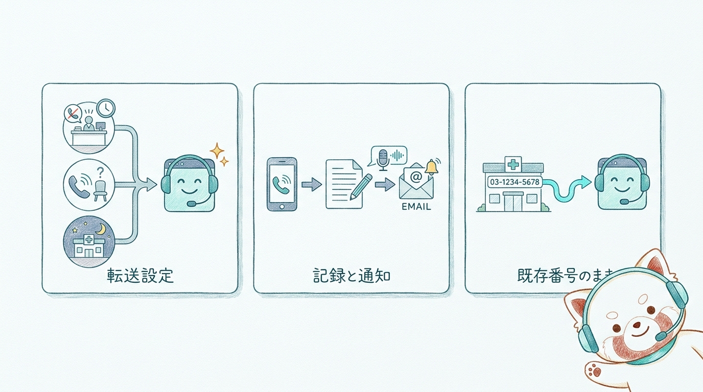 AI電話の柔軟な転送設定と記録通知と既存番号導入条件を並べた図解