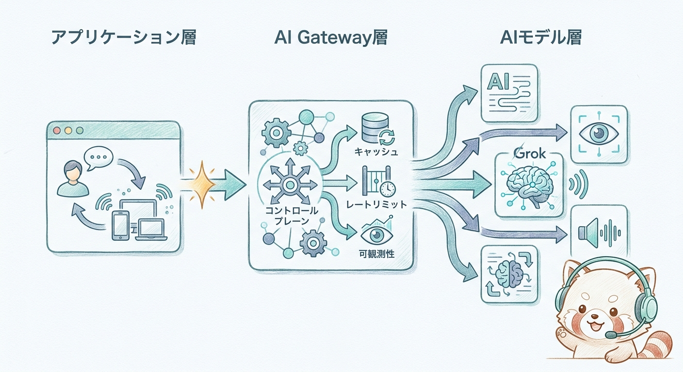 アプリケーションとAI間に配置されるAI Gatewayの概念図
