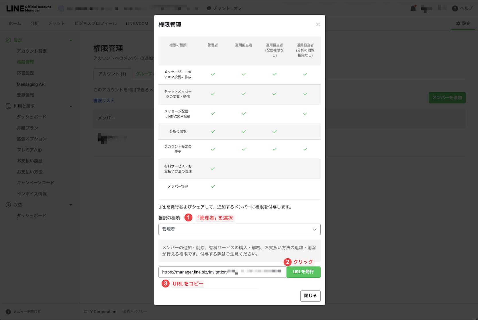 LINE公式アカウントの権限管理ウィンドウ。権限の種類で管理者を選び、URLを発行してコピーする