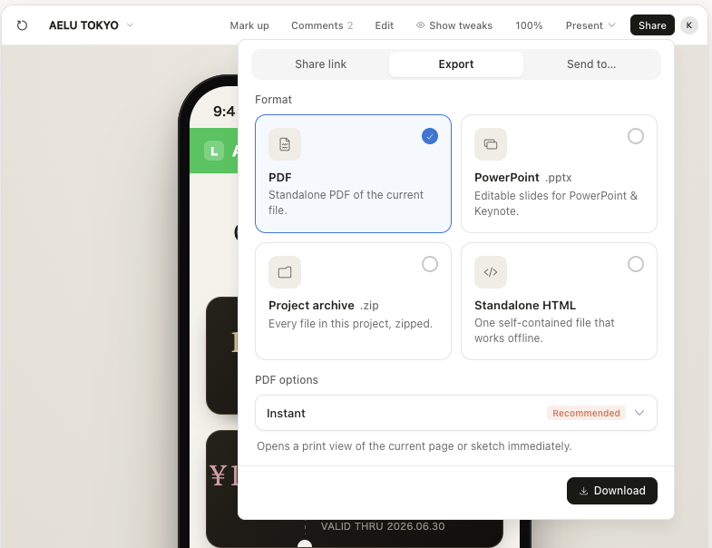 Export画面。PDF/PowerPoint/ZIP/Standalone HTMLの4形式で書き出せる
