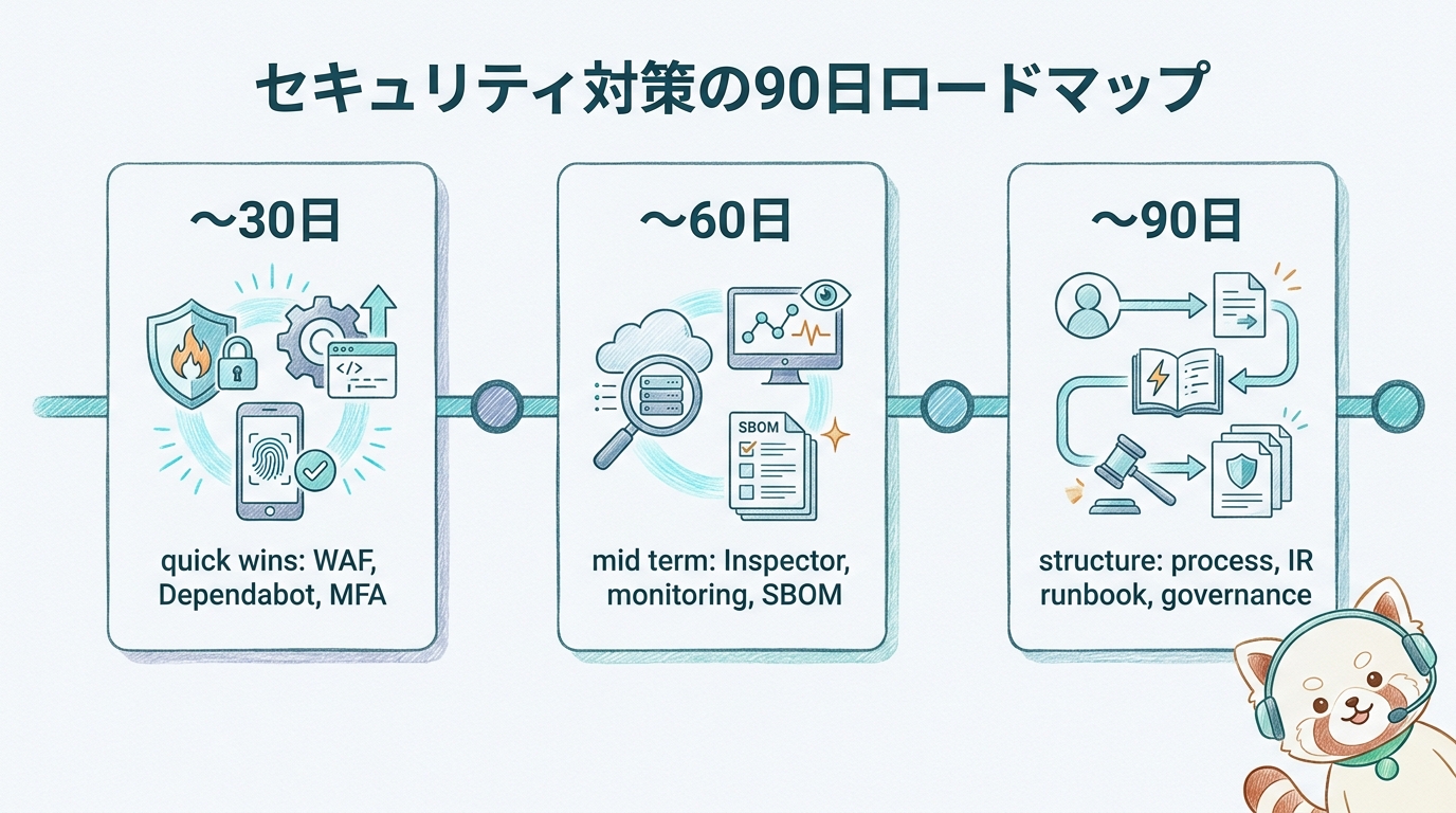 90日のセキュリティ対策ロードマップのタイムライン図